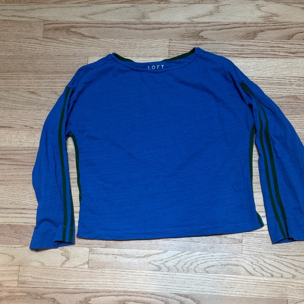 LOFT Blue Long Sleeve Top with Green Stripe Detail